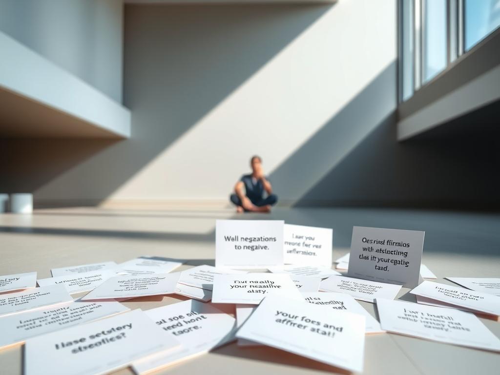 Wohlstand mit Affirmationen 4 Detailed illustration of common mistakes in the use of affirmations. A serene, minimalist setting with a sleek, modern composition. In the foreground, various affirmation cards are scattered, depicting common errors like negative phrasing, unrealistic expectations, and superficial applications. The middle ground features a person in deep contemplation, surrounded by a peaceful ambiance of natural light and muted colors. The background showcases a clean, geometric architectural backdrop, emphasizing the need for structure and intentionality when utilizing affirmations. Subtle shadows and soft focus lend a sense of introspection and thoughtfulness to the scene. The overall mood is one of contemplation, education, and the pursuit of effective affirmation practices.