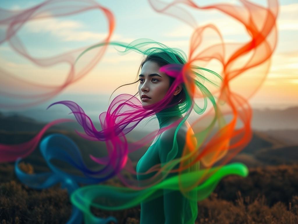 Stärke Dein Leben mit Affirmationen und Emotionen 2 Emotions cascading through a tranquil, dreamlike landscape. In the foreground, swirling wisps of vibrant colors - crimson, azure, emerald - representing the intensity of human emotions. The middle ground features a serene, ethereal figure, their expression a canvas of shifting emotional states. Behind them, rolling hills and a sky aglow with a soft, diffused light, conveying a sense of inner peace and contemplation. The scene is captured through a shallow depth of field, drawing the viewer's focus to the emotional interplay between the figure and the chromatic manifestations of thoughts. Soft, atmospheric lighting casts a contemplative mood, inviting the observer to ponder the profound connection between emotions and cognition.