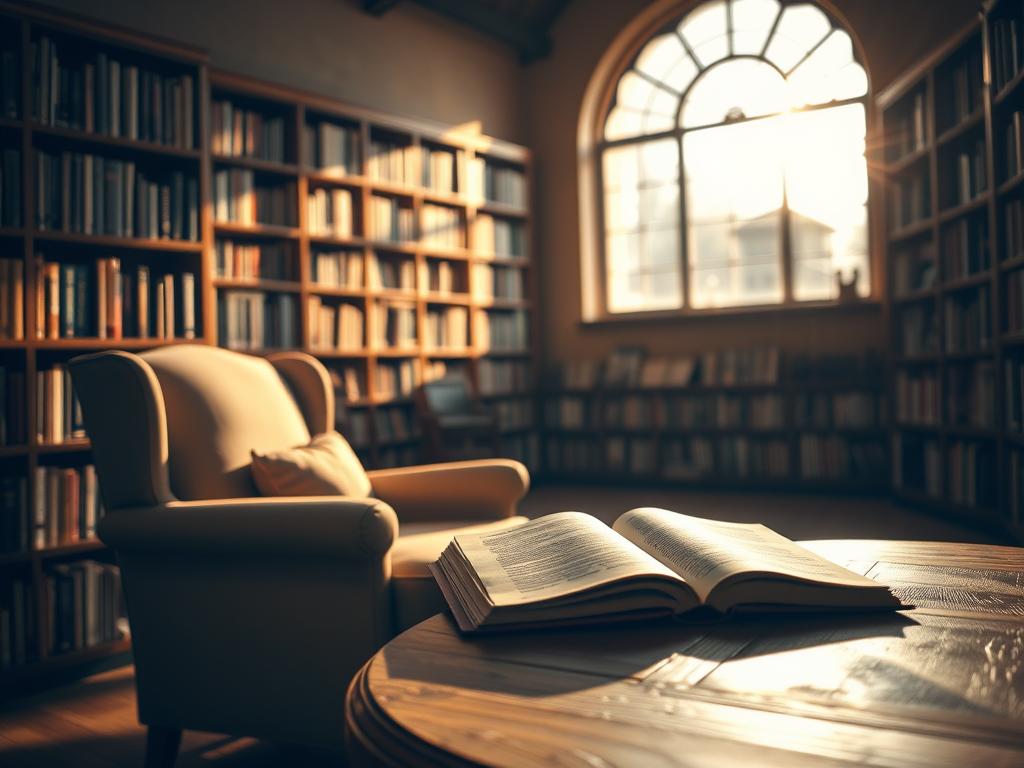 Entdecke Glaube als Lebensveränderer – Dein Weg 3 Inspirational stories unfold in a sunlit, cozy library setting. Bookshelves line the walls, casting soft shadows. A cozy armchair sits in the foreground, inviting the viewer to settle in and immerse themselves in the tales within. The middle ground features a wooden table with an open book, its pages seemingly frozen in time, waiting to be read. In the background, a large window floods the room with warm, golden light, hinting at the transformative power of the stories held within. The atmosphere is serene, contemplative, and imbued with a sense of wonder and personal growth. Cinematic lighting and a shallow depth of field create an intimate, introspective mood.