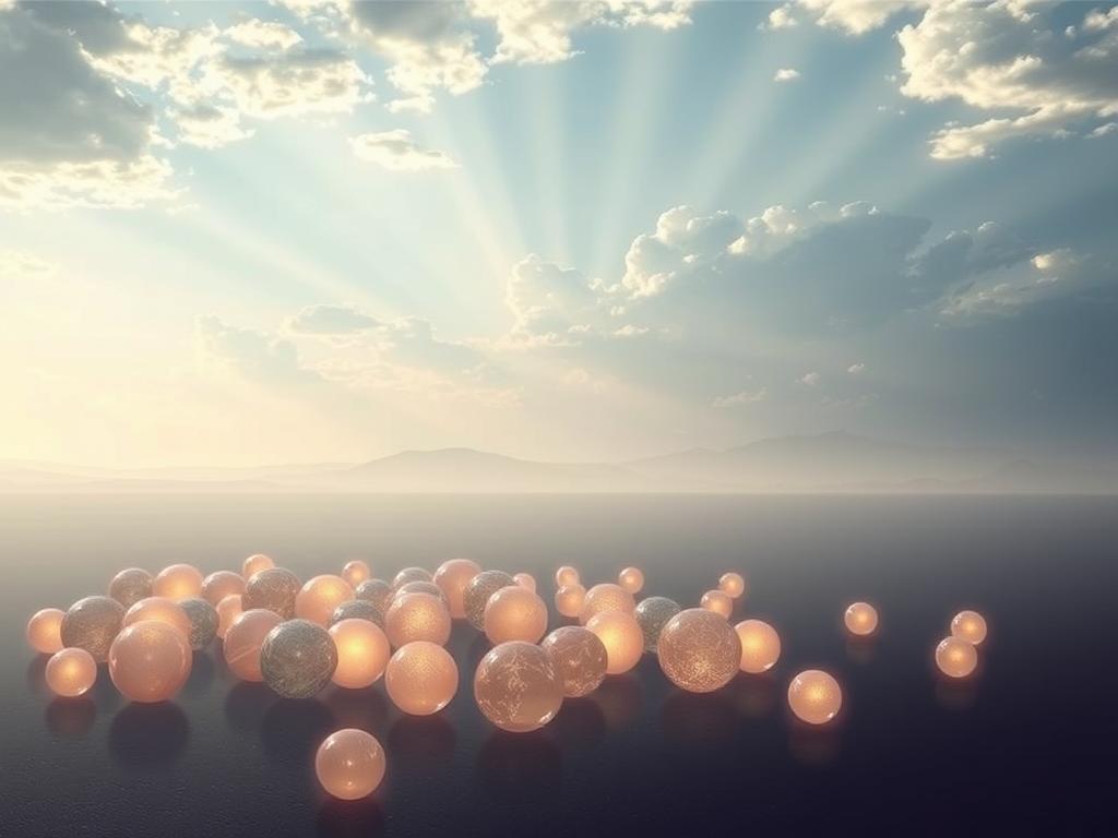 Intricate definitions and classifications of spiritual beliefs, depicted through a serene and contemplative visual metaphor. In the foreground, a collection of glowing, ethereal spheres representing the diverse array of belief systems, each with a distinct radiance. The middle ground features an expansive, minimalist landscape with soft lighting, conveying a sense of quiet contemplation. In the background, a magnificent, cloud-filled sky with rays of sunlight piercing through, symbolizing the transcendent nature of spiritual inquiry. The overall atmosphere is one of thoughtful exploration, inviting the viewer to ponder the nuances and complexities of spiritual belief systems.