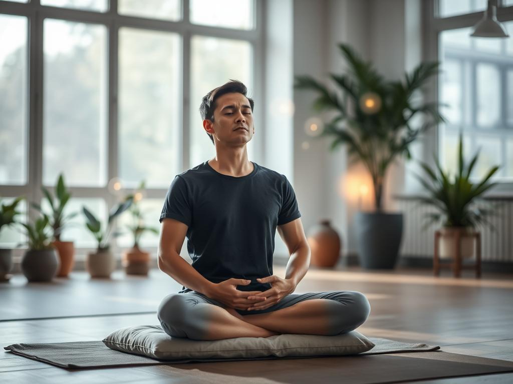 Steigere Deine Leistung durch Mentales Training 3 Mental training with visualization and breathing techniques. A serene indoor setting, natural lighting filtering through large windows. In the foreground, a person sits cross-legged on a cushion, eyes closed, hands resting gently on the knees. Surrounding them, glowing orbs of light representing their visualizations float and pulse. In the middle ground, potted plants and a minimalist, zen-inspired decor create a calming atmosphere. The background is blurred, suggesting a sense of focus and deep concentration. The overall mood is one of tranquility, mindfulness, and the power of the mind to enhance performance.