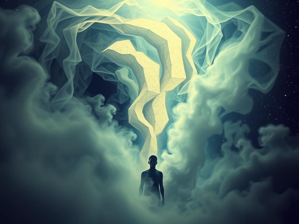 Prompt A surreal, dreamlike scene depicting the power of the subconscious mind. In the foreground, a human figure emerges from a swirling, ethereal mist, their face obscured by a veil of subconscious energies. The middle ground features a cascade of abstract, geometric shapes and patterns, representing the subterranean workings of the psyche. In the background, a vast, starry night sky serves as a cosmic canvas, hinting at the boundless potential of the human mind. The lighting is soft and ambient, creating a sense of introspection and inner exploration. The overall composition evokes a sense of mystery, wonder, and the hidden depths of the subconscious self.