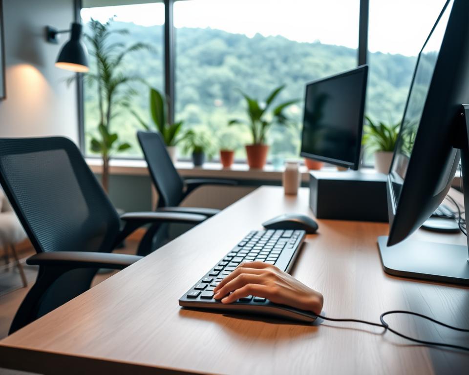 Prompt A well-designed ergonomic workstation with a comfortable chair, adjustable desk, and ergonomic computer setup. The lighting is soft and indirect, creating a calming atmosphere. In the foreground, the user's hands are positioned on a sleek, minimalist keyboard and mouse, promoting good posture and wrist alignment. The middle ground features a modern, streamlined monitor and a clutter-free desktop surface. The background showcases a serene, nature-inspired environment with potted plants and a large window overlooking a lush, verdant landscape, emphasizing the importance of a healthy, balanced workspace.