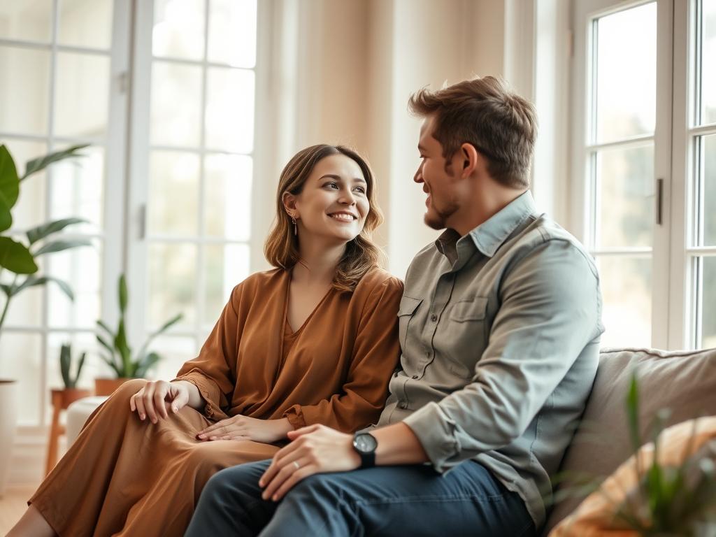 Serene couple sitting in a cozy, sunlit living room, engaging in a heartfelt conversation. The woman, dressed in a flowing, earth-toned dress, gazes lovingly into her partner's eyes, her expression radiating presence and mindfulness. The man, in a casual button-down shirt, leans in, his body language open and receptive. Soft, natural light filters through large windows, creating a warm, calming atmosphere. Potted plants and a gentle color palette evoke a sense of harmony and balance. The scene conveys the tranquil, connected nature of their relationship, with a focus on being fully present with one another.