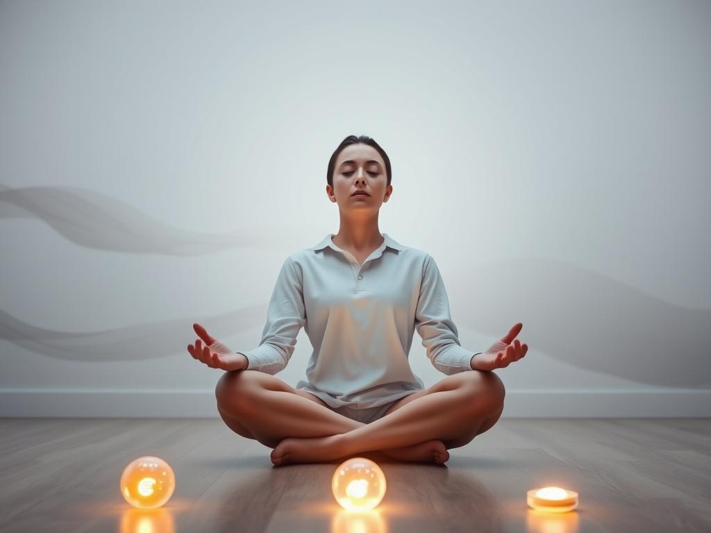 Geldblockaden auflösen: Dein Weg zu finanzieller Freiheit 4 Serene meditation scene with a person sitting in lotus position, eyes closed, hands resting on knees. Soft, diffused lighting illuminates the scene, creating a sense of calm and introspection. In the foreground, glowing energy spheres or coins symbolize the dissolution of financial blockages. The middle ground features a minimal, abstract background with gentle, flowing shapes and textures, evoking a meditative state. The overall composition conveys a sense of inner peace, balance, and the release of monetary constraints, in harmony with the section title "Hilfsmittel und Techniken zur Unterstützung".