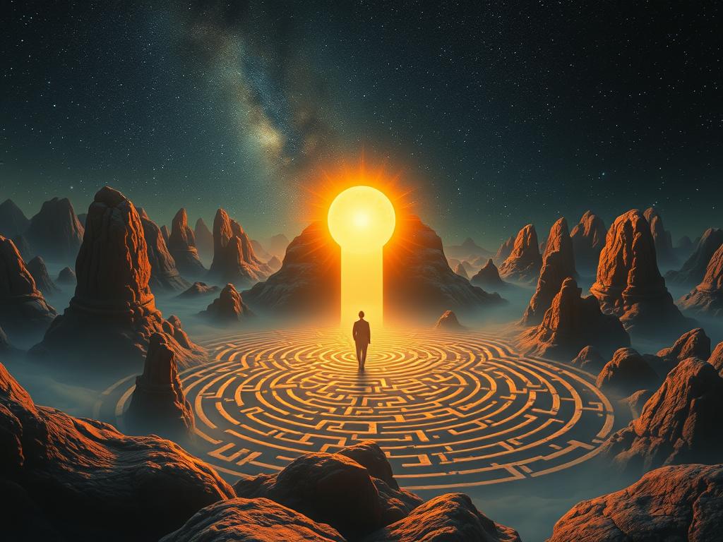 Entfessle Dein Unterbewusstsein: Psychologie-Tipps 2 Traumdeutung und persönliche Einsichten: A surreal landscape of the subconscious mind, illuminated by a warm, golden light. In the foreground, a dreamlike figure emerges from a glowing portal, symbolizing the journey of self-discovery. The middle ground features a maze of intricate, abstract shapes and symbols, representing the complexities of the human psyche. In the background, a starry night sky provides a sense of depth and mystery, suggesting the vastness of the unconscious realm. The overall scene conveys a sense of wonder, introspection, and the power of the mind to unlock hidden truths.