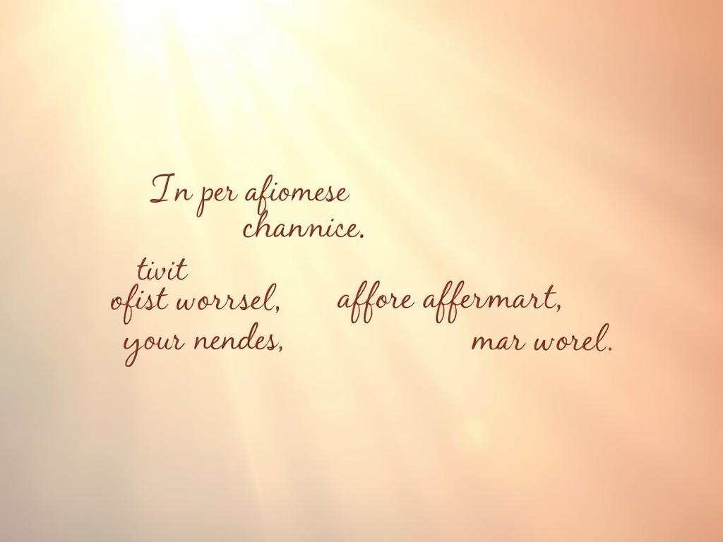 Erwecke Dein Potenzial mit positiven Affirmationen am Morgen 1 Vibrant affirmations float in the air, radiating a warm, uplifting glow. A serene backdrop of soft, pastel hues sets the stage, creating a calming, meditative atmosphere. The affirmations, rendered in a elegant, handwritten script, appear to be gently suspended, emphasizing their transformative power. Rays of sunlight stream in, casting a gentle, hopeful illumination, symbolizing the potential for personal growth and self-empowerment. The overall composition evokes a sense of inner peace, inviting the viewer to pause, reflect, and embrace the transformative energy of positive affirmations.