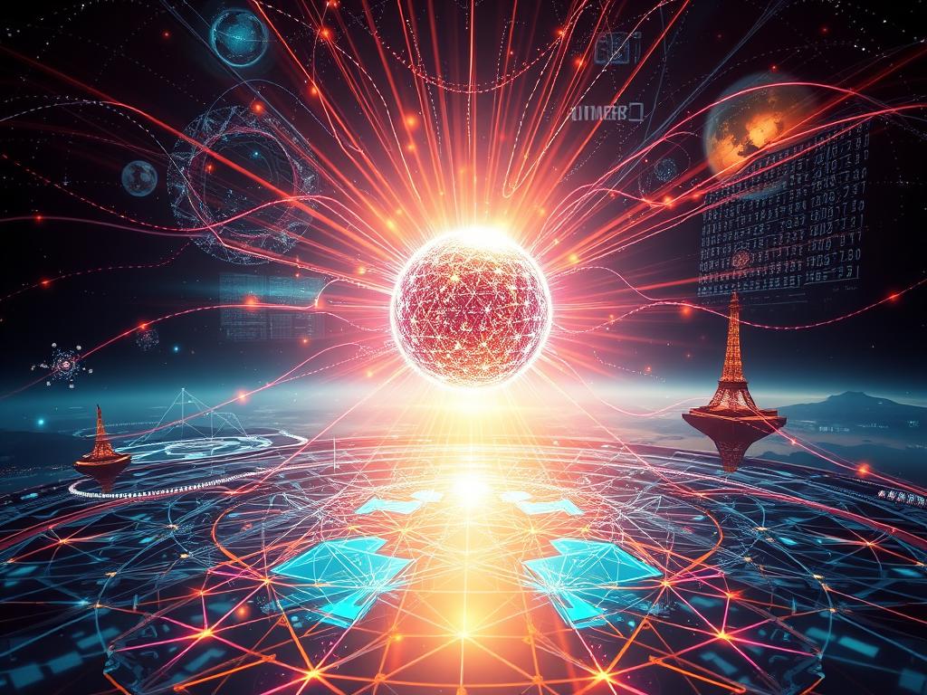 Entfalte Potenzial mit Deiner Täglichen Visualisierungsroutine 1 Vibrant, dynamic visualization of the "Vorteile der Visualisierung" concept. A central, pulsating sphere representing the power of visualization, surrounded by radiant bursts of energy, beams of light, and swirling data streams. The foreground features intricate geometric patterns and abstract shapes, conveying the transformative potential of visualization. The middle ground showcases glowing holographic interfaces and interactive data visualizations. In the background, a dreamlike, ethereal landscape with floating islands and celestial phenomena creates an immersive, inspirational atmosphere. Soft, warm lighting illuminates the scene, evoking a sense of enlightenment and personal growth. Captured through a wide-angle lens to emphasize the grand, expansive nature of the visualization experience.