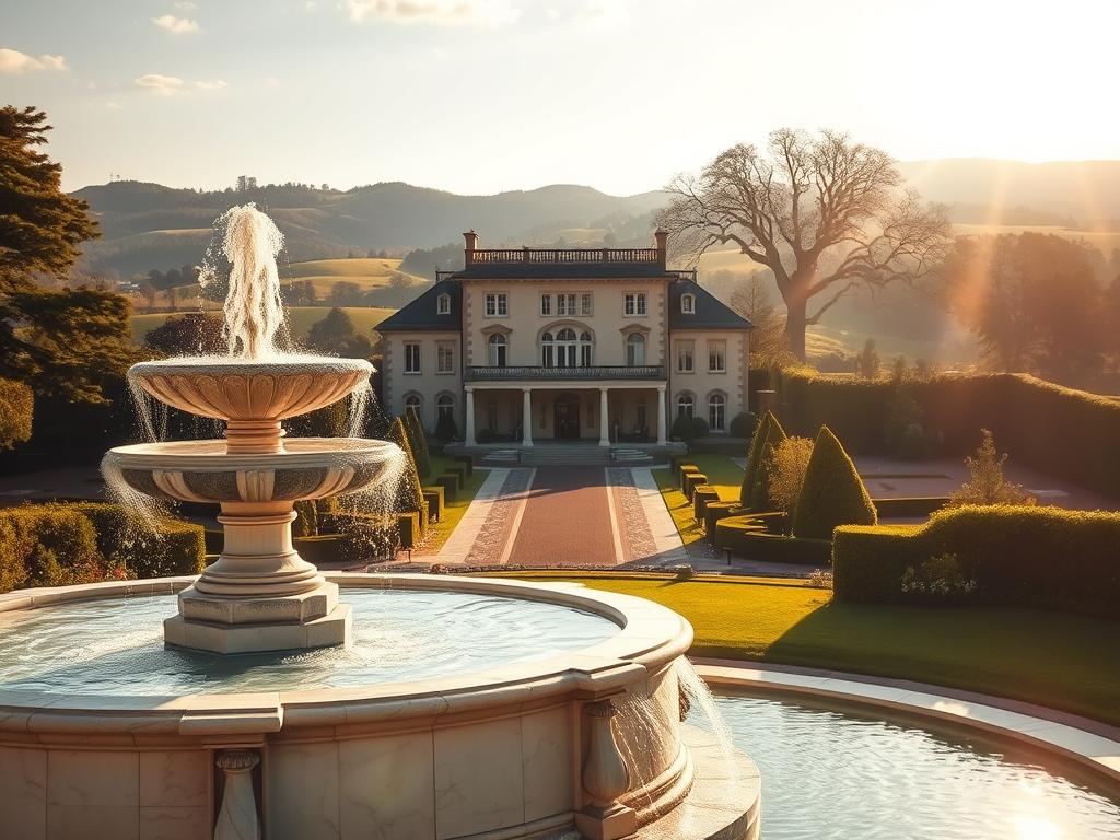 Erfolgreich Reichtum visualisieren lernen – So geht’s! 1 Visualisation of Wealth: A radiant, sun-drenched scene depicting the embodiment of affluence. In the foreground, a grand marble fountain cascades with crystal-clear waters, surrounded by lush, manicured gardens. The middle ground features a stately, elegant manor house with ornate architectural details, its windows gleaming in the warm light. In the background, rolling hills dotted with stately oak trees recede into the distance, creating a sense of timeless grandeur. The composition is balanced, with a soft, diffused lighting that casts a golden, dreamlike glow over the entire scene, evoking a palpable sense of prosperity and success. The overall mood is one of refinement, opulence, and the realization of aspirational wealth.