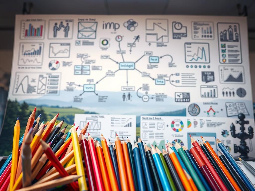 Visualisierungstechniken: A vibrant collage of visual tools and methods, captured in a crisp, photographic-style image. In the foreground, a diverse array of sketching implements - pencils, markers, and paints - arranged artfully. In the middle ground, various visualization frameworks and models take shape, from mind maps to infographic templates. The background depicts a serene, natural landscape, hinting at the creative inspiration that can flow from the interplay of analytical techniques and intuitive expression. The lighting is soft and diffused, creating a sense of contemplation and focus. The entire scene is captured from a slightly elevated angle, inviting the viewer to appreciate the interconnected nature of the visualization process.