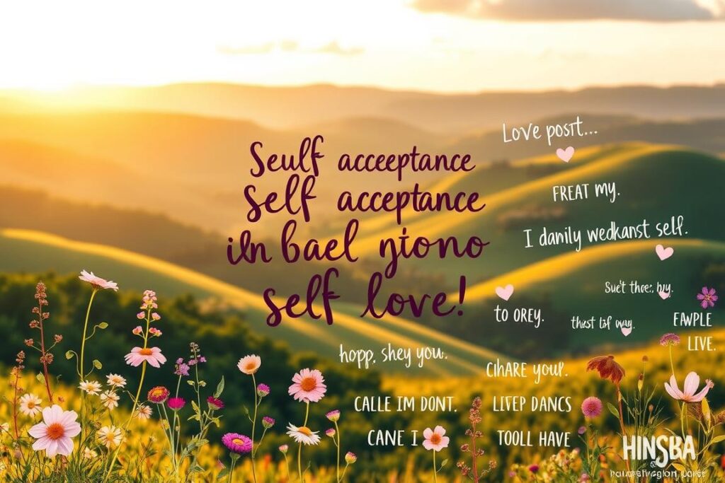 Whimsical and vibrant inspirational poster featuring handwritten-style affirmations about self-love. A serene natural landscape with rolling hills and lush greenery forms the background, bathed in warm, golden hour lighting. In the middle ground, a variety of pastel-hued floral elements such as wildflowers, vines, and leaves are artfully arranged, creating a sense of organic beauty. In the foreground, the main focal point is a central, hand-lettered phrase about self-acceptance, surrounded by additional supportive affirmations in a variety of expressive typographic styles. The overall composition conveys a tone of encouragement, positivity, and inner peace. Whimsical and vibrant inspirational poster featuring handwritten-style affirmations about self-love. A serene natural landscape with rolling hills and lush greenery forms the background, bathed in warm, golden hour lighting. In the middle ground, a variety of pastel-hued floral elements such as wildflowers, vines, and leaves are artfully arranged, creating a sense of organic beauty. In the foreground, the main focal point is a central, hand-lettered phrase about self-acceptance, surrounded by additional supportive affirmations in a variety of expressive typographic styles. The overall composition conveys a tone of encouragement, positivity, and inner peace.