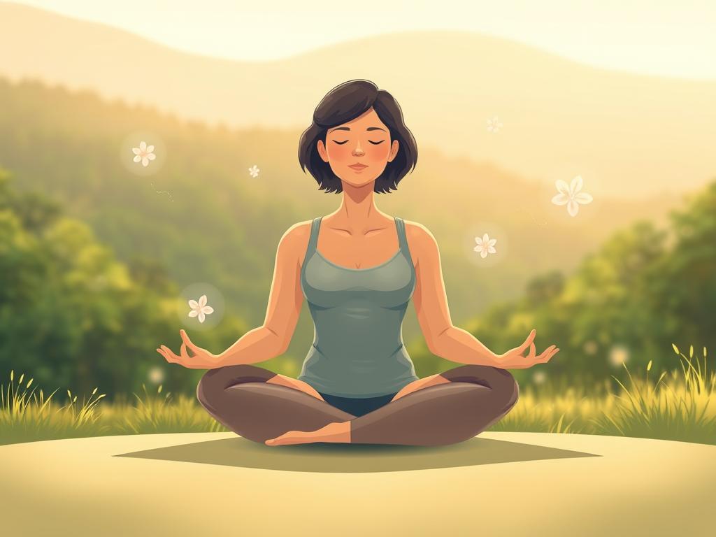 Effektive Affirmationen Abnehmen – Ihr Weg zur Traumfigur 1 a beautifully illustrated conceptual image of a person meditating in a serene, nature-inspired setting, conveying the idea of using affirmations for weight loss. The image should have a soft, warm lighting creating a peaceful, calming atmosphere. The person should be seated in a comfortable lotus position, eyes closed, with an expression of calm focus. Around them, there should be subtle visual elements representing the idea of affirmations, such as floating text, glowing symbols, or delicate floral patterns. The background should feature a tranquil landscape with lush greenery, perhaps a forest or a meadow, to further enhance the sense of serenity. The overall composition should be balanced and visually appealing, drawing the viewer into the image's contemplative, transformative essence.